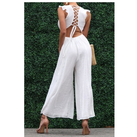 White Bohemian Lace Up Back Wide Leg Palazzo Jumpsuit Pantsuit Jumper - Picture 1 of 5